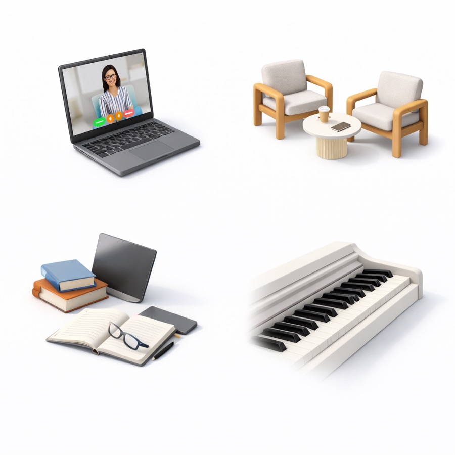 Education tools including laptop, books, piano and coaching chairs